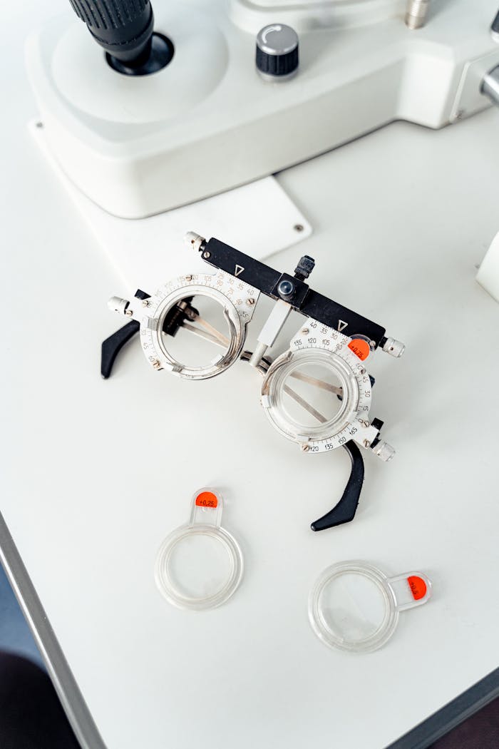 Close-up of optical trial lens frame on white table, perfect for eye care themes.