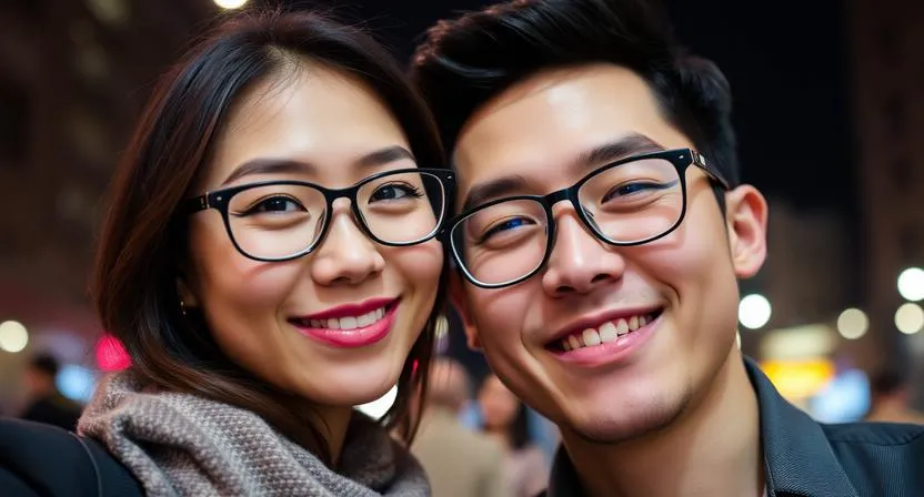 close up smile young asian woman and man wearing styl