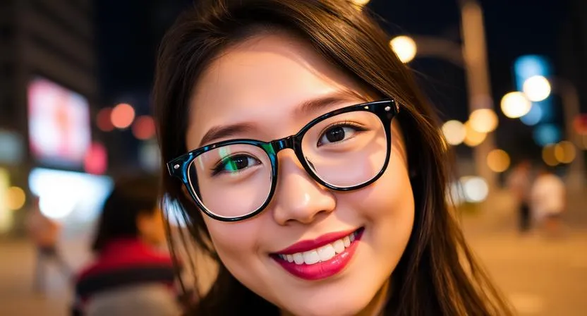 close up smile young asian woman wearing stylish glas